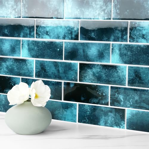 FunStick 15-Sheet Dark Blue Stick on Backsplash Tile Peel and Stick Backsplash Subway Tile Stickers for Kitchen Peel and Stick Wall Tiles for Bathroom Shower Laundry Room Removable Back Splash 12"x12" - color: Dark Blue, size: Box of 15 Tiles