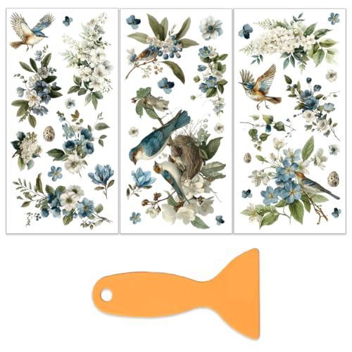 OLYCRAFT 3 Sheets/Set Flying Bird Rub on Transfers for Furniture and Craft 6x12 Inch Blooming Flower Furniture Decal Transfer Stickers Rub on Decal with 1Pc Scraper for Wooden Furnitures Home Decor - style: Flying bird