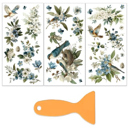 OLYCRAFT 3 Sheets/Set Flying Bird Rub on Transfers for Furniture and Craft 6x12 Inch Blooming Flower Furniture Decal Transfer Stickers Rub on Decal with 1Pc Scraper for Wooden Furnitures Home Decor - style: Flying bird