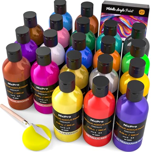 Nicpro 20 Colors Metallic Acrylic Paint Set, Pearlescent Acrylic Paint - color: 20 Metallic Colors