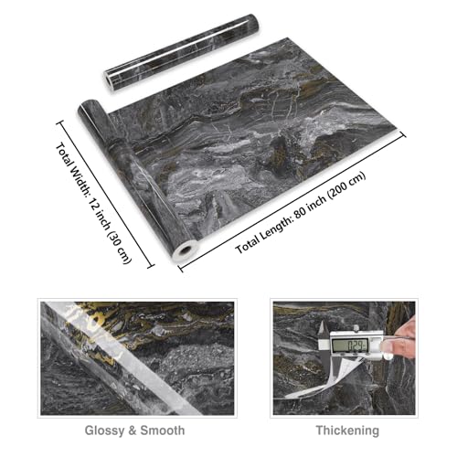 CRE8TIVE Dark Grey Gold Marble Contact Paper 12"x80" Glossy Slate Marble Wallpaper Peel and Stick Countertops Waterproof Self Adhesive Removable Wallpaper Marble Vinyl Wrap for Bathroom Cabinets Desks - color: Glossy Dark Grey Gold, size: 12" x 80"