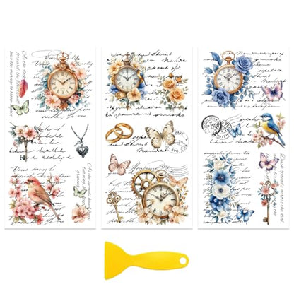 Peacoblue Clock Flowers Bird Rub On Transfers for Furniture Craft 6"x12" - style: Clock Flowers Bird