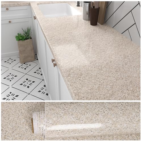 VEELIKE 15.7''x118'' Granite Contact Paper for Countertops Waterproof Self Adhesive Granite Wallpaper Peel and Stick Countertops for Kitchen Bathroom Counter Top Removable Decorative Vinyl Film - color: Tan, size: 15.7" x 118"