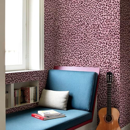 Simon&Siff Leopard Print Peel and Stick Wallpaper 17.3"x400" Black/Pink Removable Wallpaper Renter Friendly Waterproof Contact Paper for Bedroom Bathroom Living Room Cabinet - color: Pink, size: 17.3" x 400"