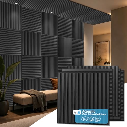 Art3d 6-Pack Acoustic Wood Slat Panel & Ceiling Tile, 2 x 2 ft, Blackwood - color: Blackwood, size: 24 x 24 inch