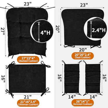 5 PCS Glider Rocker Replacement Cushions with Storage Side Pocket, Luxuriy Chenille Fabric Foam & Microfiber Filling, Thickened & Supportive Rocking Chair Cushion Set, Black - color: Black