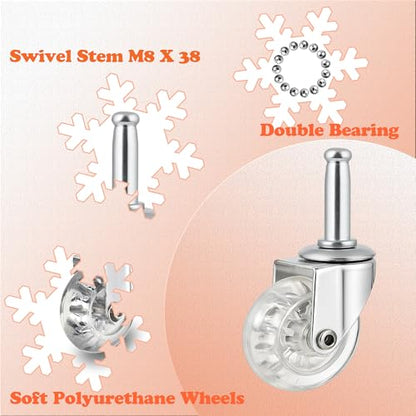 2 Inch Swivel Caster Wheels Set of 4, Heavy Duty M8 with 38MM Long Grip Neck Stem Caster Wheels, Crystal Clear Wheel Replacement for Furniture, Table, Cabinet, Shelf (Pack of 4) - size: 2",No Brake (Pack of 4)