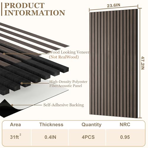 4-Pack Wood Veneer Acoustic Wall Panels Decorative Acoustical Panel - color: Brown