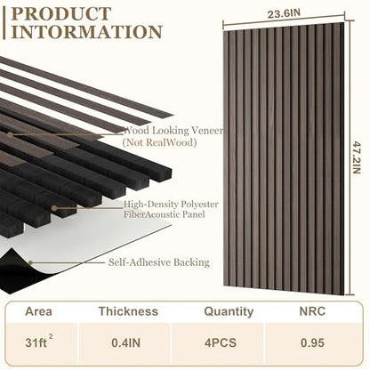 4-Pack Wood Veneer Acoustic Wall Panels Decorative Acoustical Panel - color: Brown