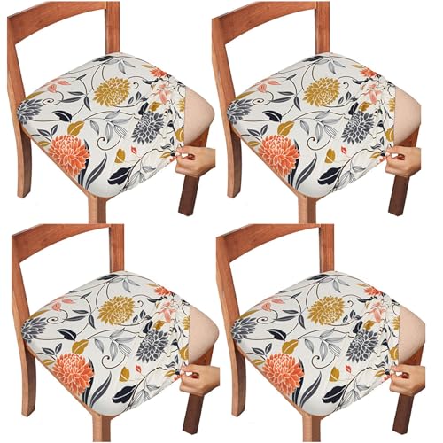 Gute 4Packs Chair Seat Covers,Stretch Printed Chair Covers Washable(Flower) - color: White Flower, size: Pack-4