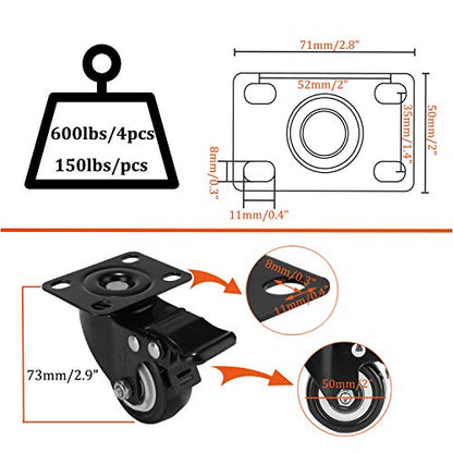2" Caster Wheels Set of 4, Heavy Duty Casters with Brake - size: 2 inch