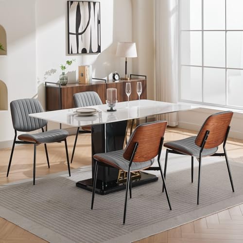Dining Chairs Set of 4, Mid-Century Modern Kitchen Chairs, Gray Linen - color: Gray Vertical Stripes