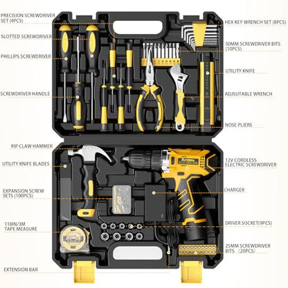 Sundpey 166-PC Small Basic Home Tool Kit Set with 12V Cordless Drill & Case