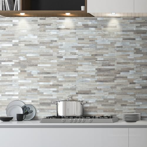 DICOFUN 2 Sheets Distressed Wood Peel and Stick Backsplash, PVC Mixed Metal Stick on Wall Tiles for Kitchen and Bathroom - color: Distressed Wood + Metal Silver, size: 2 Sheets, 6’’x12’’x0.12’’