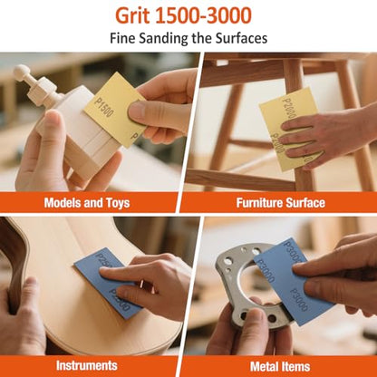 Sand Paper Assortment, 52 Sheets Assorted Grits 120/150/180/240/320/400/600/800/1000/1500/2000/2500/3000, 4 Sheets Each, 9 x 3.6 Inches, Dry & Wet Sanding, Abrasive Sanding Sheets