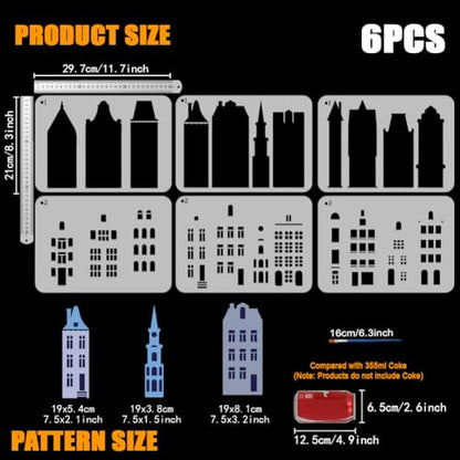 FINGERINSPIRE 6PCS Layered Buildings Painting Stencil with Plastic Brush 8.3x11.7inch Reusable Building Silhouette Template Decorative Architecture Theme Stencil for Adults Painting on Floor Furniture - style: Layered Buildings