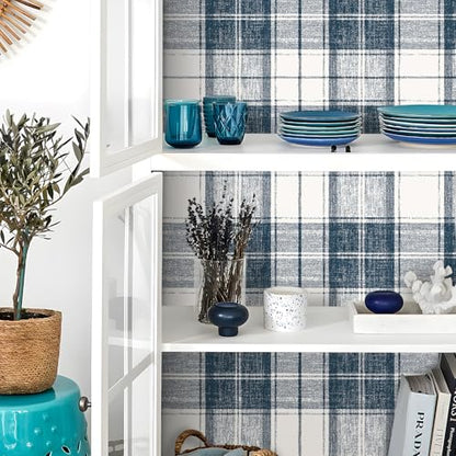 Livelynine Blue Plaid Wallpaper Peel and Stick Prepasted Vintage Dark Blue White Gingham Wall Paper Removable Self Adhesive Navy Checkered Contact Paper Waterproof Buffalo Plaid Vinyl Wrap 17.5x78.8" - size: 17.5x78.8 Inch