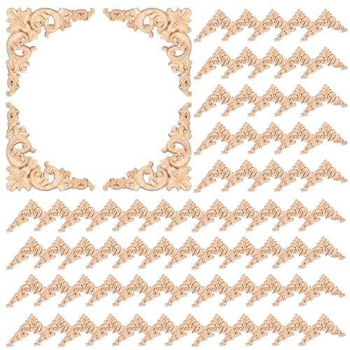 Remerry 80 Pcs Wood Applique Onlays and Wood Corner Decorative Furniture Appliques DIY Unpainted Wooden Carved Corner Decal for Home Furniture Wall Decor, 3.94 x 3.94 Inch