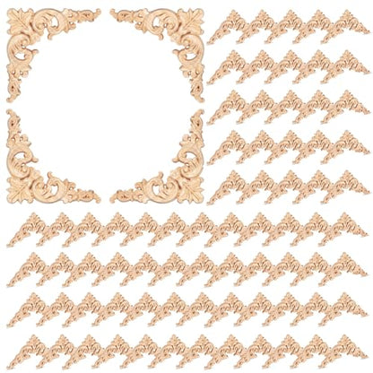 Remerry 80 Pcs Wood Applique Onlays and Wood Corner Decorative Furniture Appliques DIY Unpainted Wooden Carved Corner Decal for Home Furniture Wall Decor, 3.94 x 3.94 Inch