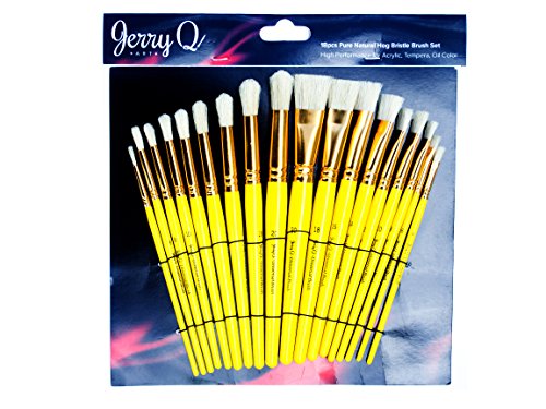 Jerry Q Art 18 pcs Pure Natural Hog Bristle Brush Set for Oil, Acrylic, Tempera. Short Wood Handles JQ181