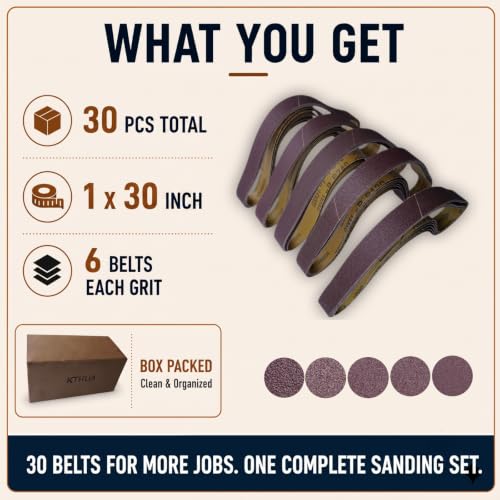 1x30 Sanding Belts, 30 Pack, 6 Each of 80, 120, 150, 240 & 400 Grits - size: 1 x 30 in, 30-Pack
