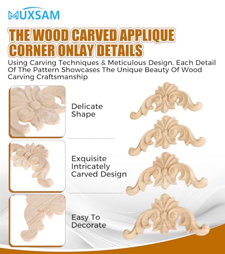 4Pcs Wood Carved Onlay Appliques, Unpainted Wooden Corner Carving Decals - size: 2.36 x 2.36 inches