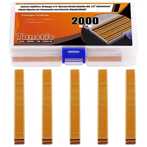 Tanstic 2000Pcs 18 Gauge 1/4" Narrow Crown Staples Kit, 1/2" Heavy Duty Galvanized Narrow Crown Finish Staples for Pneumatic Electric Stapler (Gold)