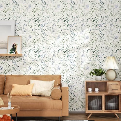 ILHIIOR Blue Leaf Peel and Stick Wallpaper Boho 17.5 x 393 Inches - color: Green, size: 17.5" x 393"
