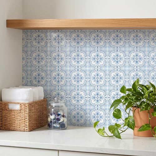 30 Pack, 4x4 Inch Classic Portuguese Azulejo Tile Decals, Blue and White Peel and Stick Vinyl for Backsplash, Stairs & Furniture (Light Blue) - color: Light Blue