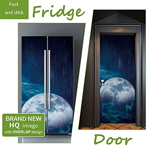 Modern Art Self Stick Vinyl Door Mural Sticker, Peel and Stick Removable Refrigerator Wrap Decal, Full Moon, 32.3x78.7, 2 Pcs Set - color: Full Moon