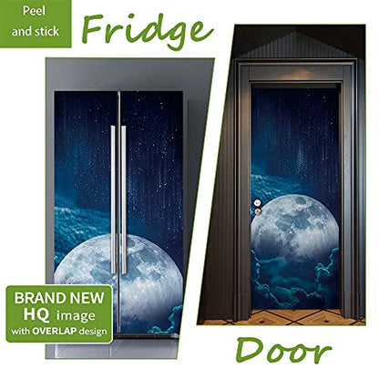 Modern Art Self Stick Vinyl Door Mural Sticker, Peel and Stick Removable Refrigerator Wrap Decal, Full Moon, 32.3x78.7, 2 Pcs Set - color: Full Moon