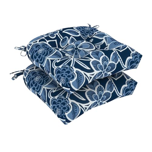 DYTXIII Set of 2 Outdoor Chair Cushions 19"x19"x4", Water Repellent Tufted Patio Seat Cushions with Ties, Thick Replacement Pads for Wicker Dining Chairs, Patio Furniture, Flower Navy - color: Flower Navy