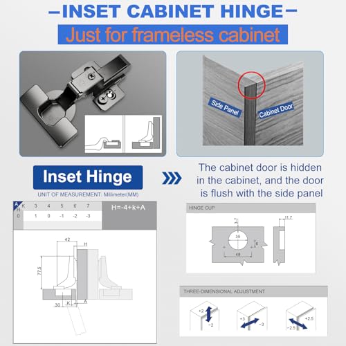 8 Pack Soft Close Cabinet Hinges for Kitchen Frameless Cabinets Inset Self-Closing Concealed Hinge 110° 4D Adjustment Speed Control Ideal for Upgrading Cabinet Doors and Drawers - size: Inset