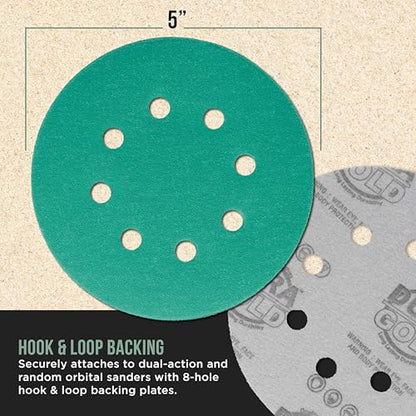 Dura-Gold 5" Green Film Sanding Discs, 120 Grit, 8-Hole, Box of 50, H & L - style: 120 Grit