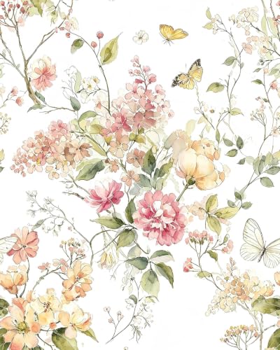 Froluya Pink Floral Peel and Stick Wallpaper Vintage Botanical Wallpaper - size: 16.9" x 118.1"
