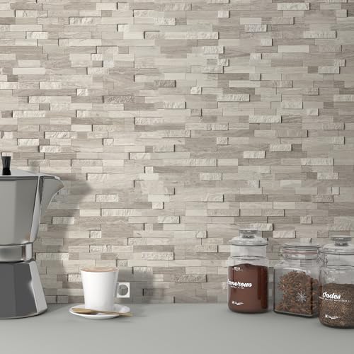 SUNWINGS 5-Sheet Peel and Stick Mosaic Natural 3D Stone Self Adhesive Marble Tiles, 11.5" x 10.7" Stick on Backsplash for Kitchen Bathroom Fireplace Vanity, Mixed Tan - color: Mixed Tan