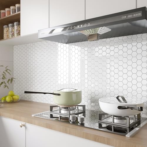 VEELIKE 12-Sheet White Hexagon Tile Peel and Stick Backsplash for Kitchen Backsplash Tiles Peel and Stick Waterproof Self Adhesive Back Splashes Stick on Tiles for Kitchen Bathroom Removable 12''x12'' - size: Box of 12 Tiles