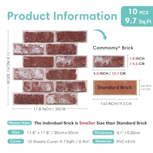 Commomy Faux Brick Wall Panels Peel and Stick Thin PVC 10 Pcs 11.8" x 11.8" - color: Brick-hqC