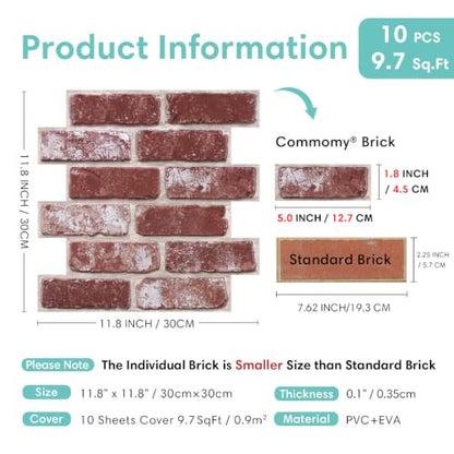 Commomy Faux Brick Wall Panels Peel and Stick Thin PVC 10 Pcs 11.8" x 11.8" - color: Brick-hqC