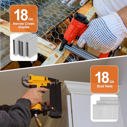 PINOZE 4200-Count 18 Gauge 1/4" Narrow Crown Staples (1-1/2" 1-1/4" 1" 3/4" 1/2") & 18GA Brad Nails (2" 1" 5/8"), Heavy Duty Galvanized Upholstery Staple for Pneumatic/Electric Stapler Gun/Brad Nailer