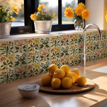Faccito 24 Pcs Boho Flower 4x4 Tile Stickers Peel Stick Wall - style: Boho Flower