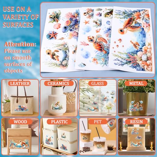 WANDIC 3 Sheets UV DTF Cup Warp Rub on Transfer Stickers, Cartoon Turtle Theme 3D Waterproof Decals for DIY Glass Water Bottle Furniture Crafts,15 * 30cm - color: Cartoon Turtle