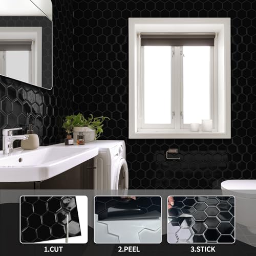 10-Sheet Hexagon Peel and Stick Kitchen Backsplash Tiles,Honeycomb Waterproof Self-Adhesive Wall Tile Stick on Backsplash for Kitchen,RV and Bathroom(Black,12"×12") - color: Black