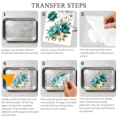 OLYCRAFT 3Pcs/Set Blue Green Flower Rub on Transfers for Furniture and Craft 6x12 Inch Peony Furniture Decal Transfer Sticker Rub on Decal with 1pc Scraper for Scrapbook Window Home Decoration - style: Blue Green Flower