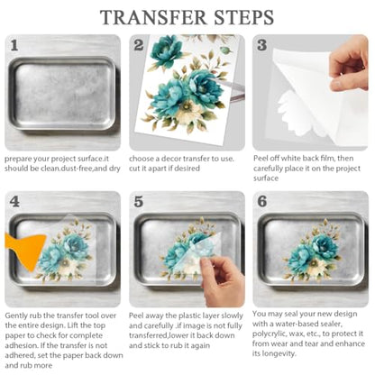 OLYCRAFT 3Pcs/Set Blue Green Flower Rub on Transfers for Furniture and Craft 6x12 Inch Peony Furniture Decal Transfer Sticker Rub on Decal with 1pc Scraper for Scrapbook Window Home Decoration - style: Blue Green Flower