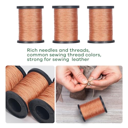 3-Spool Nylon Thread Kit - Each 80 Yards, Includes Sewing Awls & Needles for Hand Sewing, Upholstery & Leather Repair, Brown - color: Brown