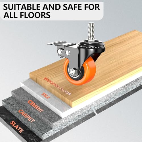 2 inch Caster Wheels 5/16" - 18x1 Threaded Stem Casters Set of 4 Heavy Duty(Stem Diameter 5/16" UNC, Stem Length 1"). Safety Locking Industrial Casters for Carts, Furniture(Orange) - size: 2 Inch_5/16"-18x1"