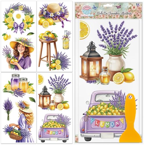 GLOBLELAND 4 Sheets Lemon Lavender Women Rub on Transfer Stickers for Furniture 12x6inch Flower Lady Transfer Decals Fruit Lemon Truck Self-Adhesive Stickers for Bedroom Living Room Desk Table Decor - style: Lemon Lavender Women