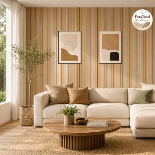 Peel and Stick PVC Slat Wall Panel, 3D Faux Oak, 15.8" x 236" - color: Oak, size: 15.8" x 236"
