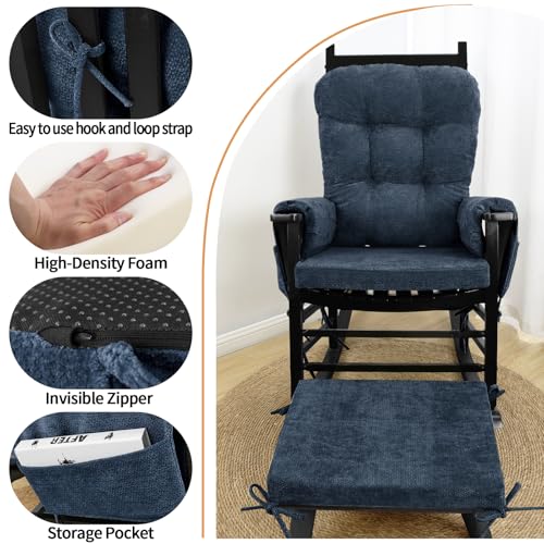 5 PCS Glider Rocker Replacement Cushions with Storage Side Pocket, Luxuriy Chenille Fabric Foam & Microfiber Filling, Thickened & Supportive Rocking Chair Cushion Set, Dark Blue - color: Dark Blue